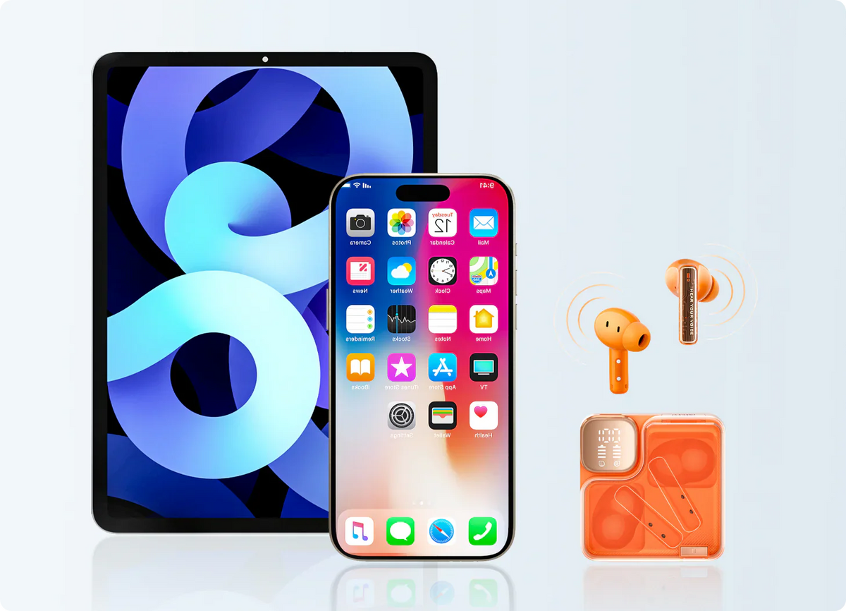 iPad, iPhone y auriculares inalámbricos naranjas sobre fondo claro.
