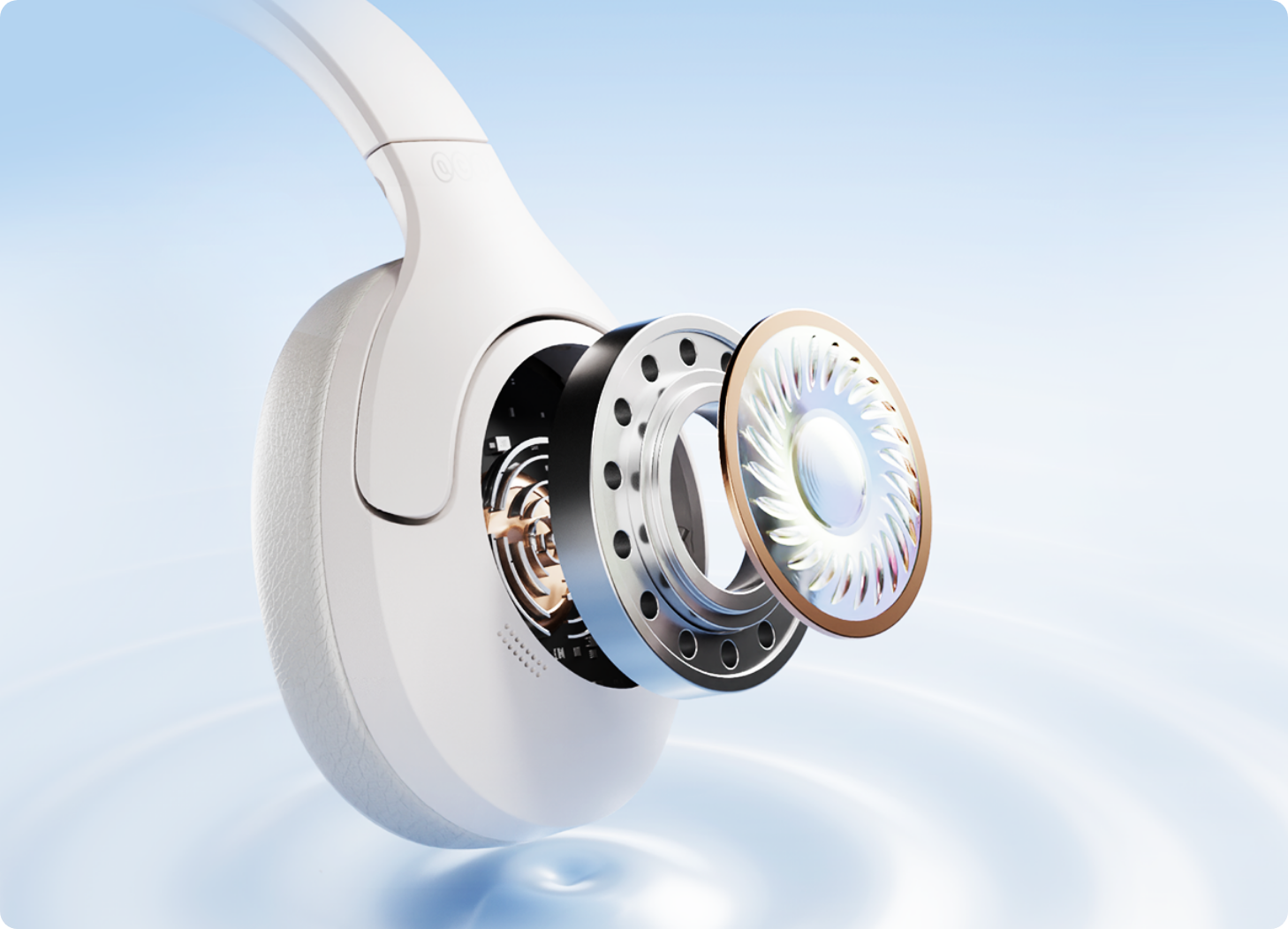 Auriculares blancos Over-Ear con estructura de altavoz descubierta: sonido de alta calidad para música y podcasts.