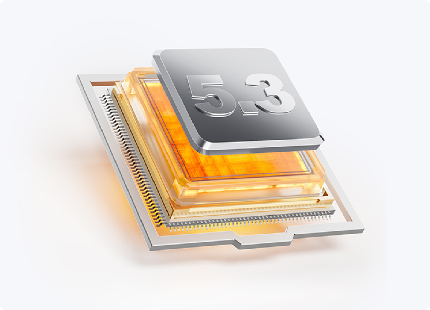 Procesador CPU 5.3 con diseño transparente, arquitectura moderna de microchip y capas doradas brillantes sobre fondo blanco