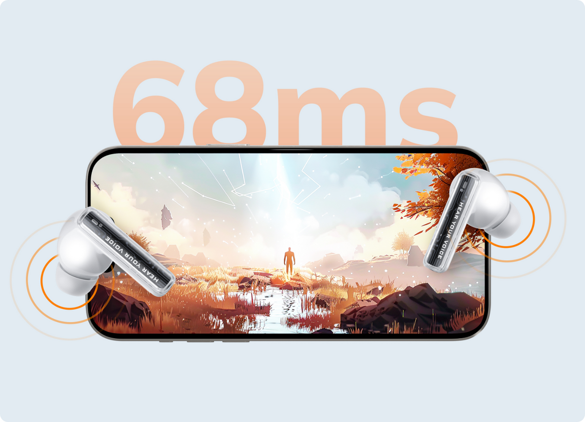 Auriculares Bluetooth blancos frente a un smartphone con una pantalla que muestra una latencia de 68 ms y un paisaje otoñal.