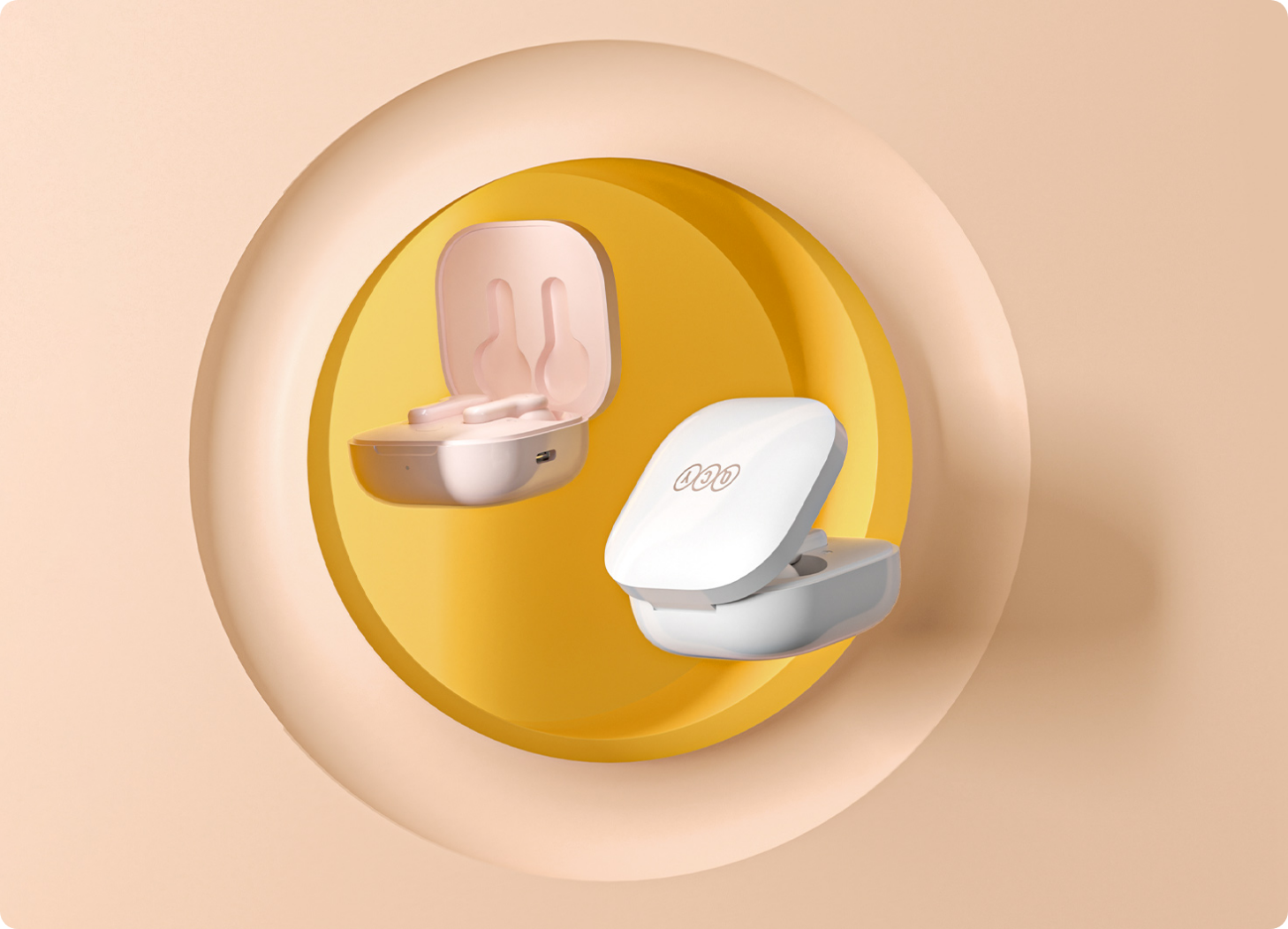 Dos auriculares inalámbricos en rosa y blanco con estuche de carga sobre fondo amarillo.
