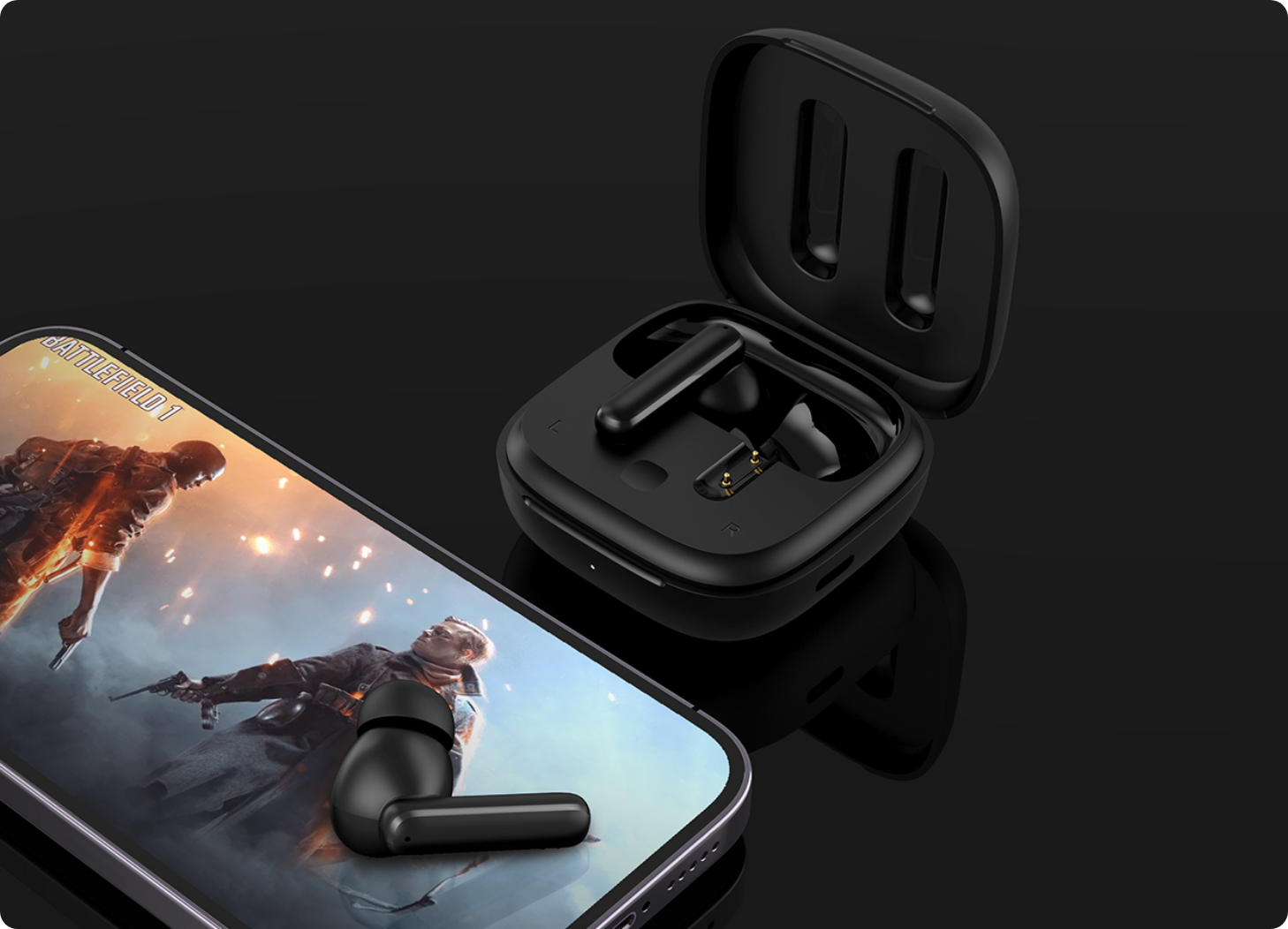 Auriculares Bluetooth negros con estuche de carga junto a un smartphone, Battlefield 1 en la pantalla.