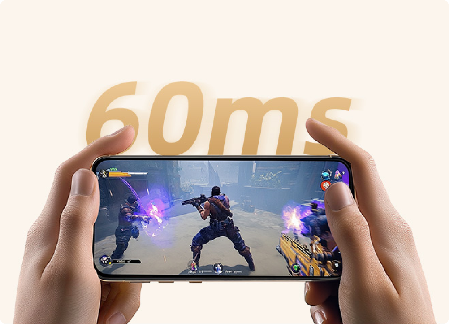 Manos sosteniendo un smartphone mientras juegan con 60 ms de tiempo de respuesta, juego de disparos lleno de acción en la pantalla.
