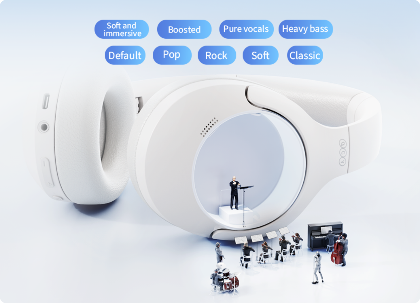 Auriculares blancos Over-Ear con mini orquesta en el interior de la almohadilla y modos de ecualizador como Pop, Rock, Clásico para un sonido envolvente.