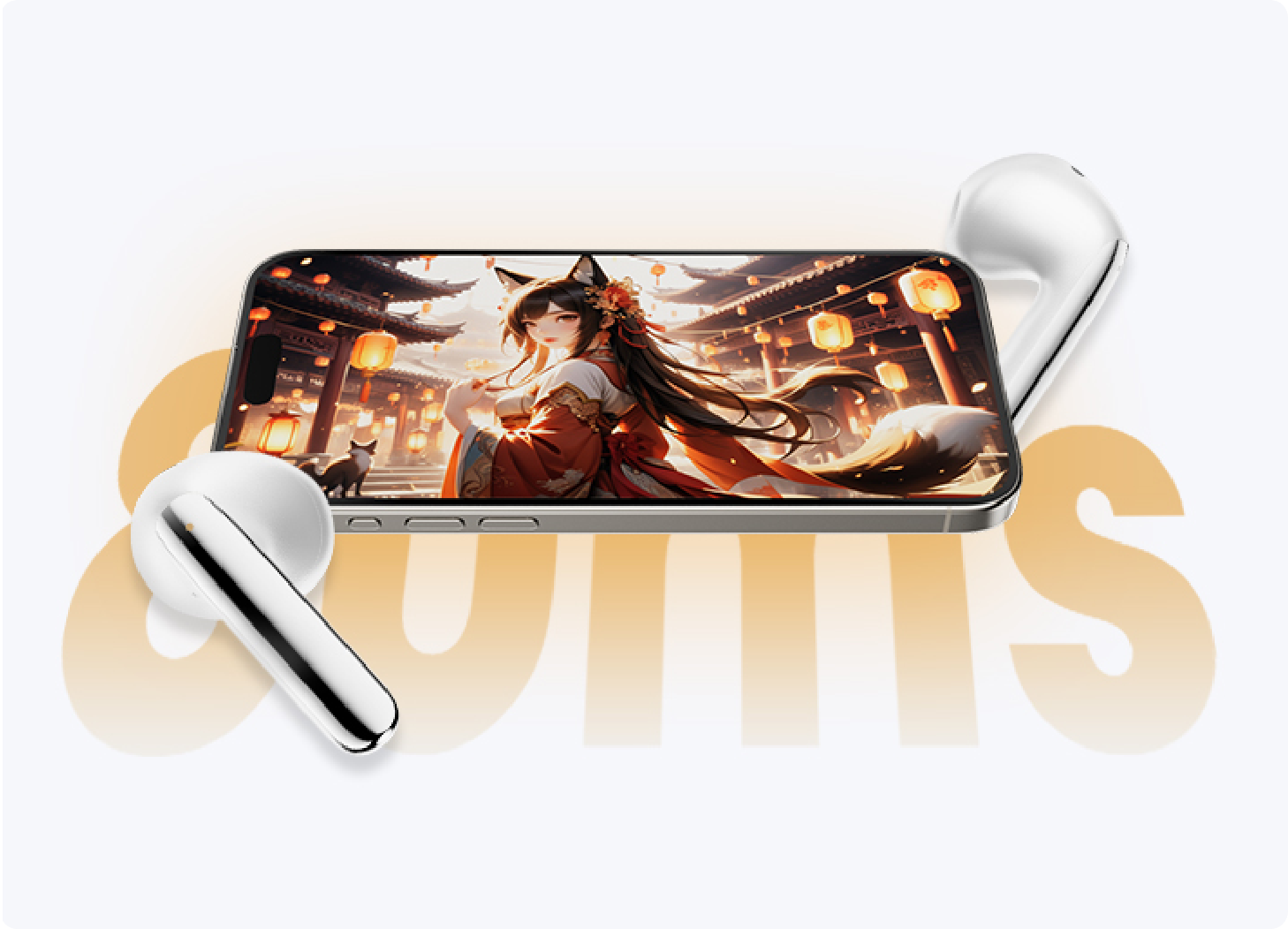 Auriculares inalámbricos blancos junto a un smartphone con pantalla de anime, ideales para música y llamadas – diseño moderno y calidad de sonido clara