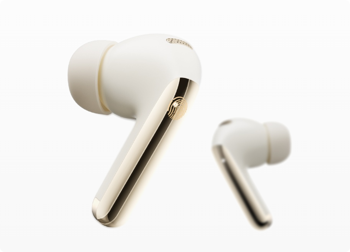 Auriculares inalámbricos intrauditivos blancos con línea de acento dorada y sensor de huellas dactilares sobre fondo blanco.