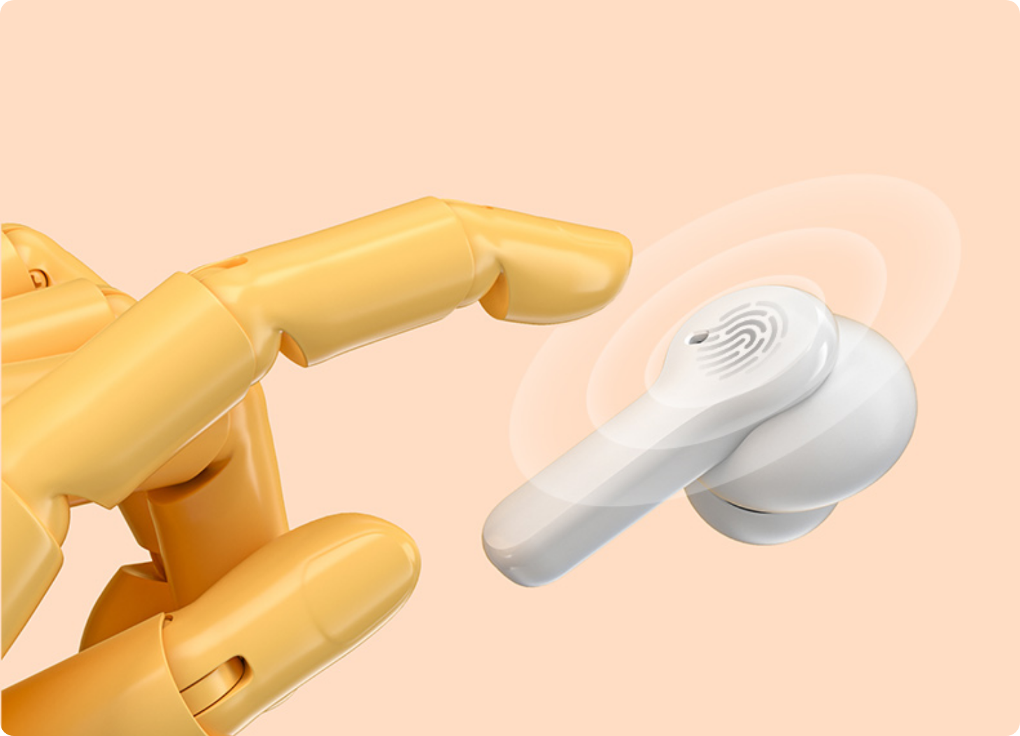 Auriculares inalámbricos blancos flotan junto a una mano robótica amarilla sobre un fondo de colores pastel.