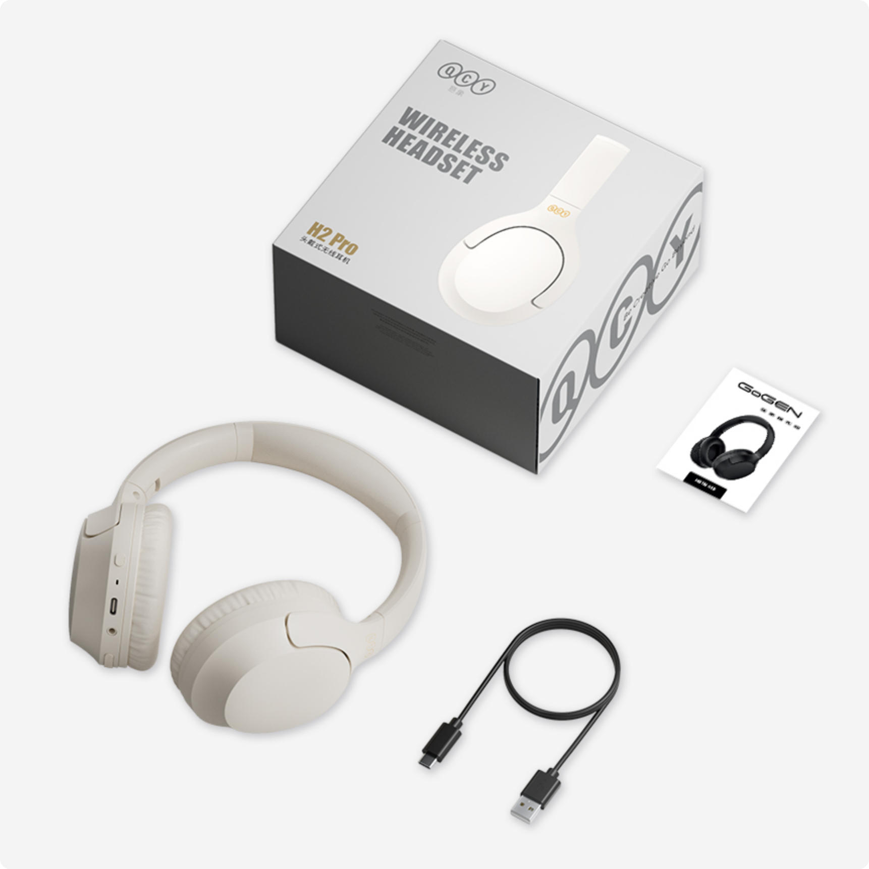 Auriculares inalámbricos QCY H2 Pro – blancos, inalámbricos, con cable de carga USB y manual.