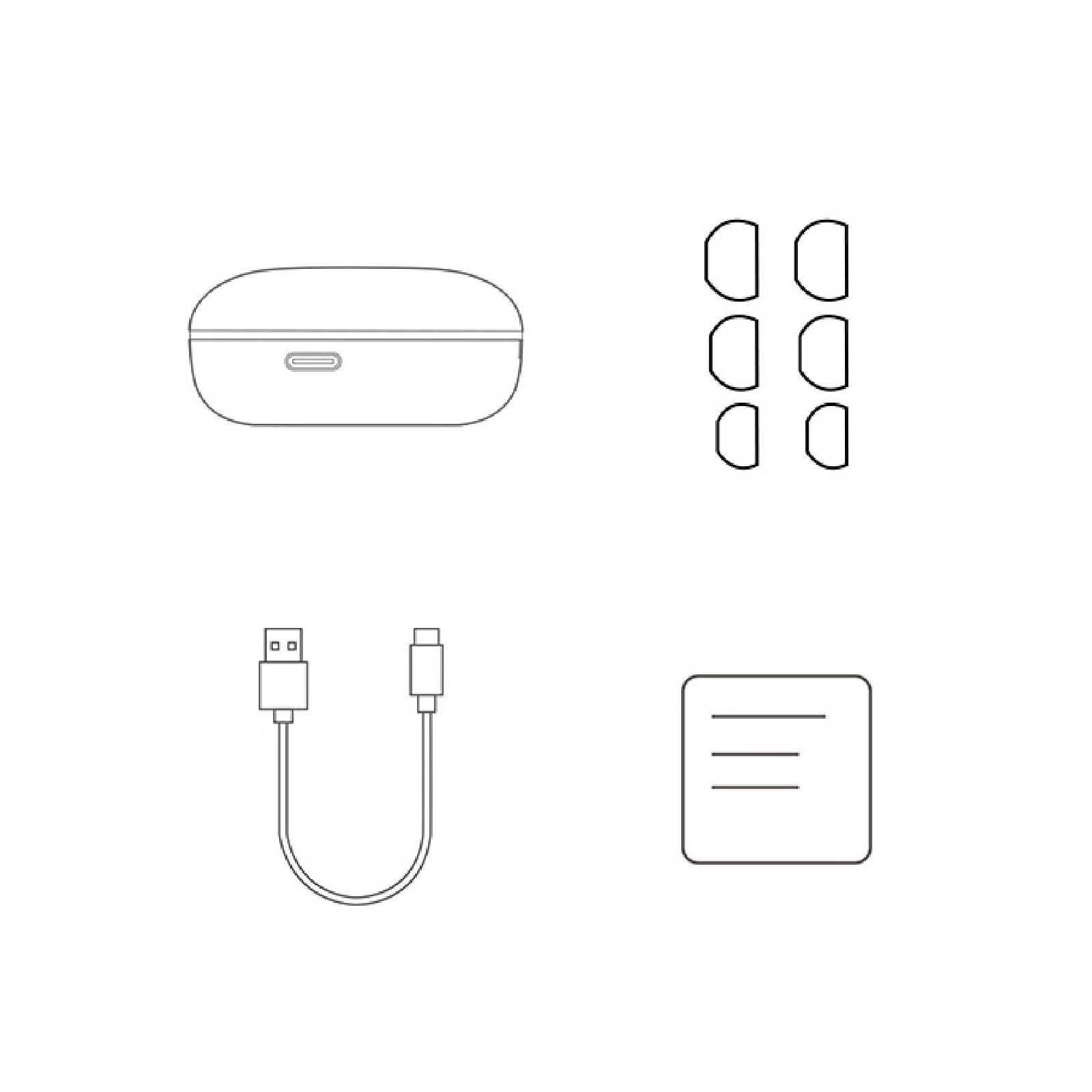 Repuestos para auriculares inalámbricos: estuche, auriculares, cable USB y manual.