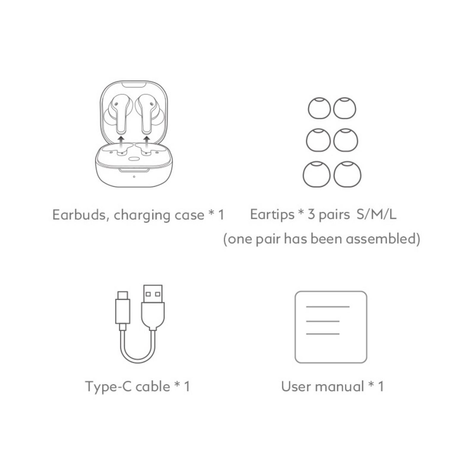 Contenido del paquete: Auriculares inalámbricos con estuche de carga, 3 pares de puntas de silicona (S/M/L), cable USB-C y manual de instrucciones.