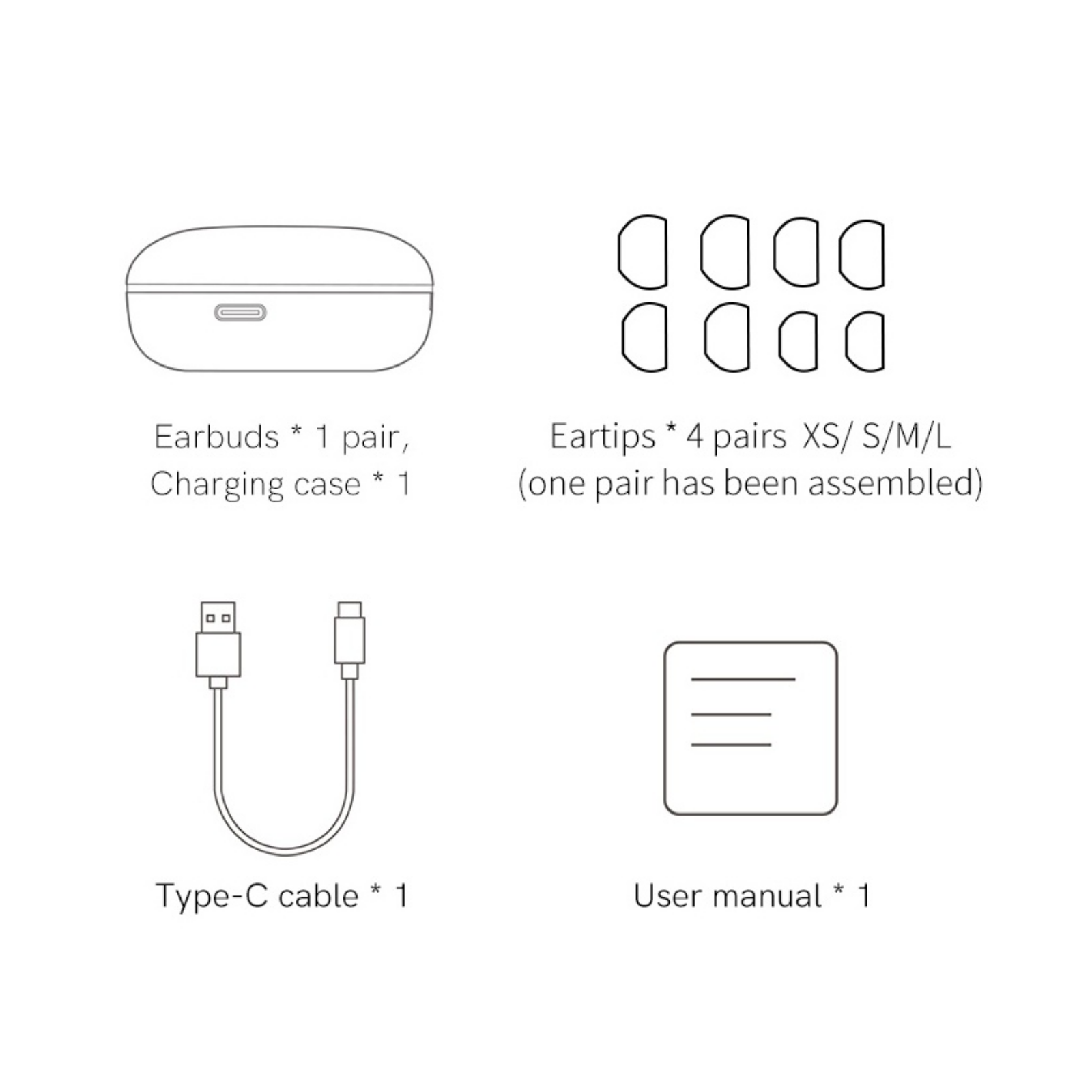 Auriculares intrauditivos con estuche de carga, 4 tamaños de tapones para los oídos, cable de carga USB-C y manual de instrucciones.