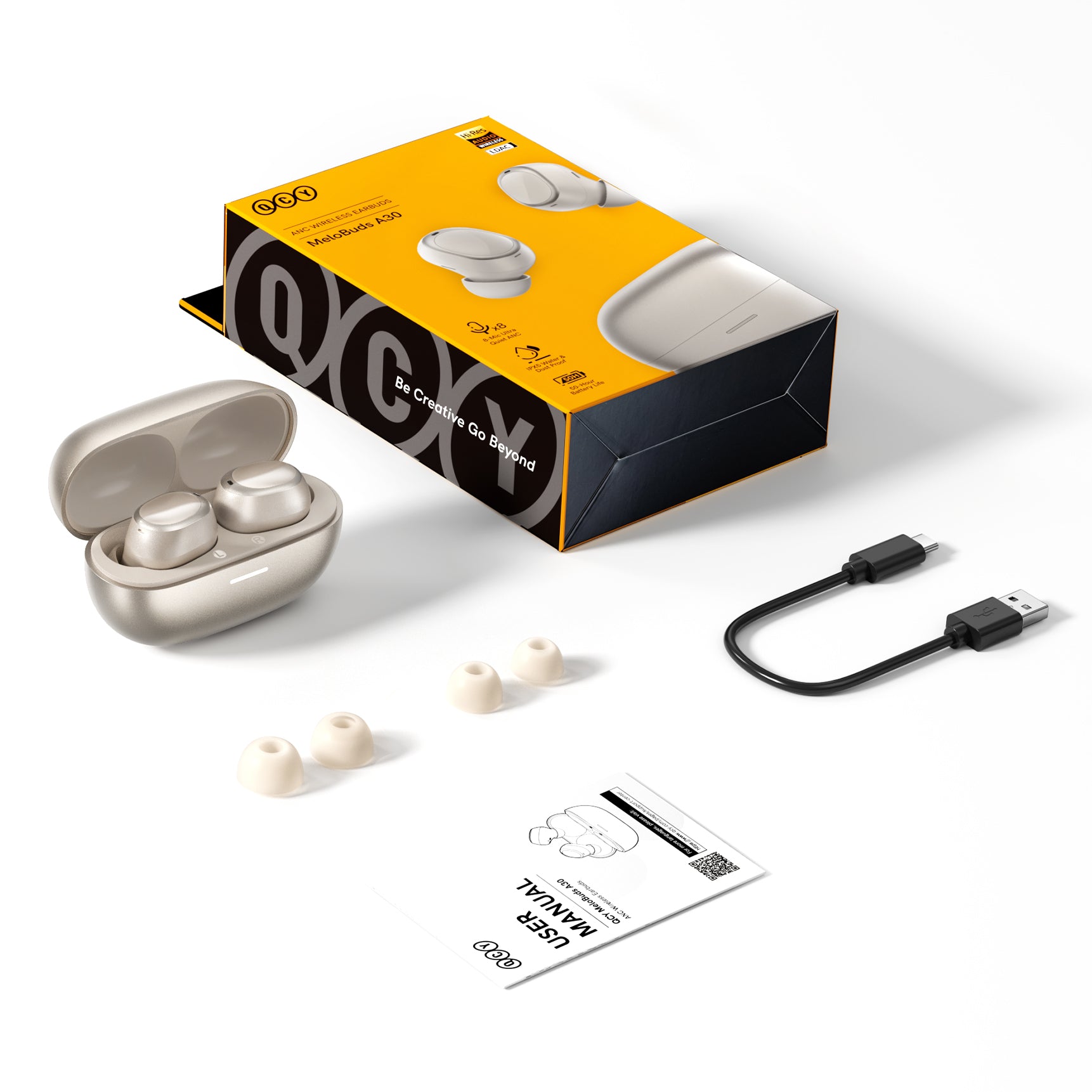 Auriculares inalámbricos verdaderos QCY Melobuds A30 con estuche de carga, cable USB-C y almohadillas de repuesto.