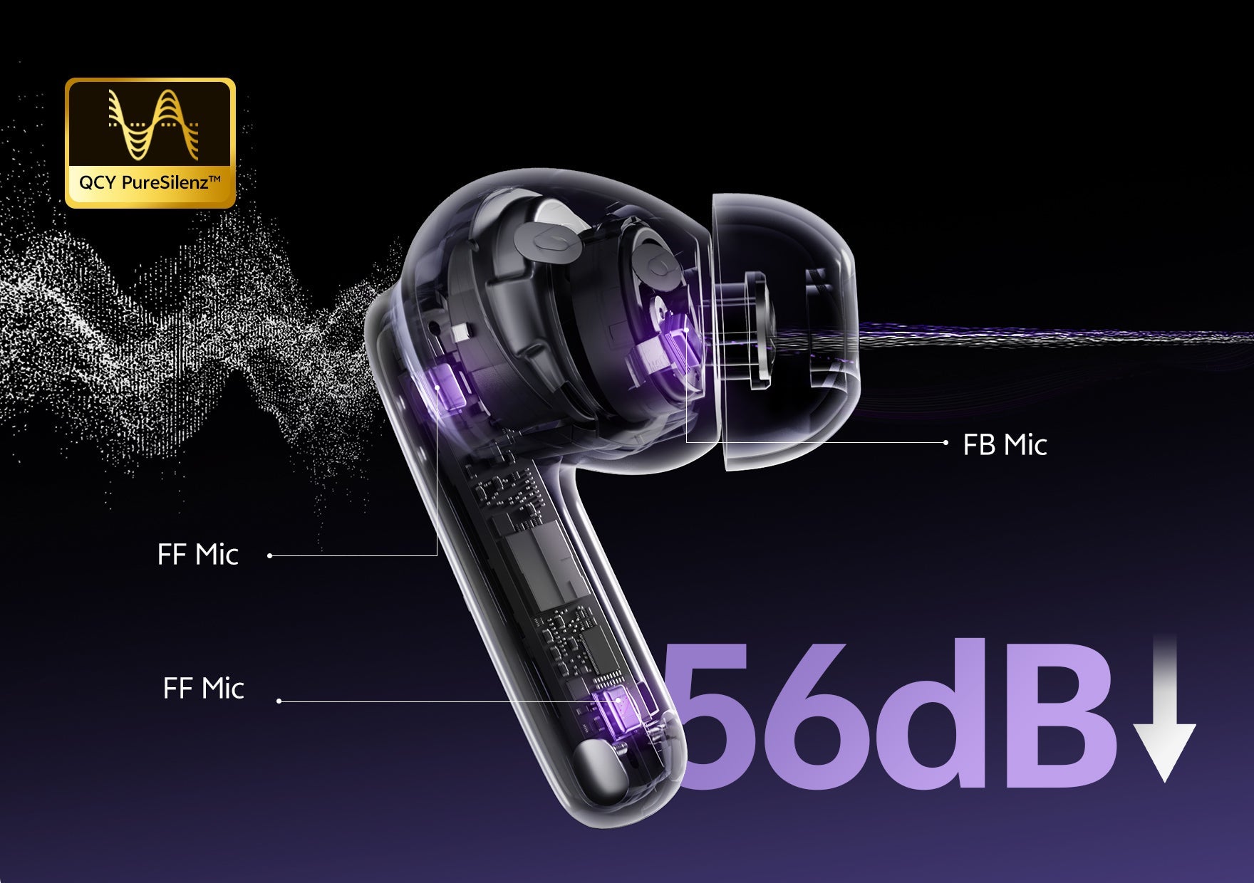 Auriculares inalámbricos QCY True con tecnología PureSilenz™ y cancelación de ruido de 56dB. Diseño transparente que muestra el interior Mi