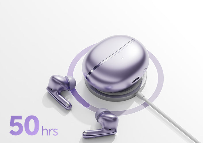Auriculares Bluetooth lilas con estuche de carga, 50 horas de duración de la batería.