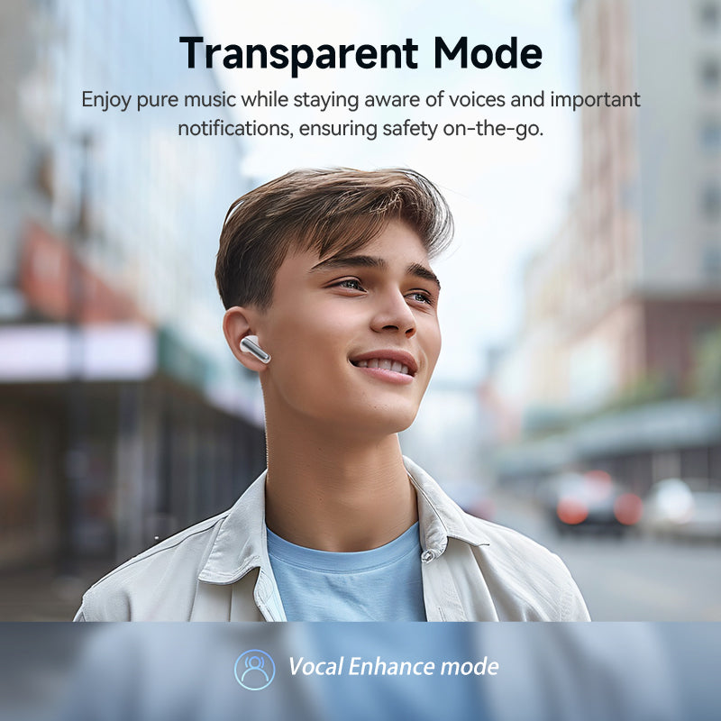 Black QCY Melobuds N50 earbud worn by model, showcasing transparent mode for enjoying music while aware of surroundings