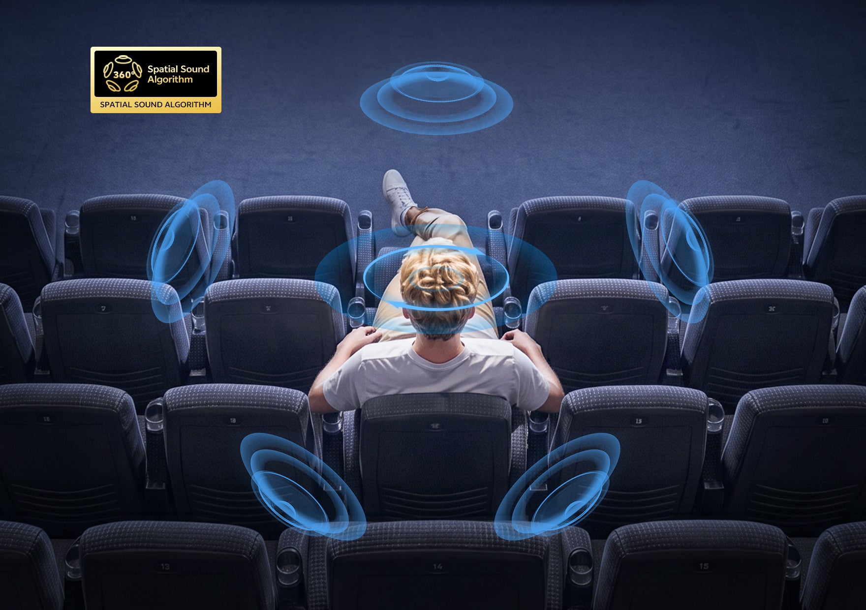 Hombre en el cine con tecnología de sonido envolvente 360°.