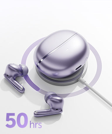 Auriculares inalámbricos morados con estuche de carga, 50 horas de duración de la batería.