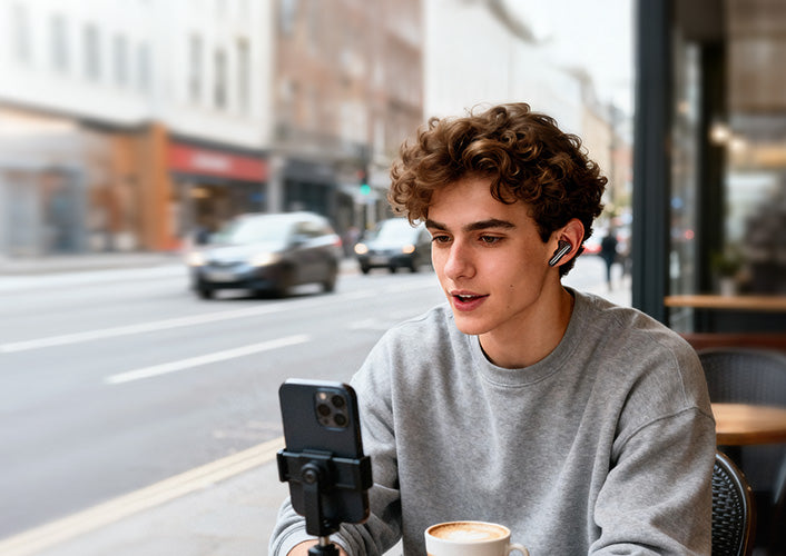 Joven con auriculares grabando un video frente a una cafetería con su smartphone