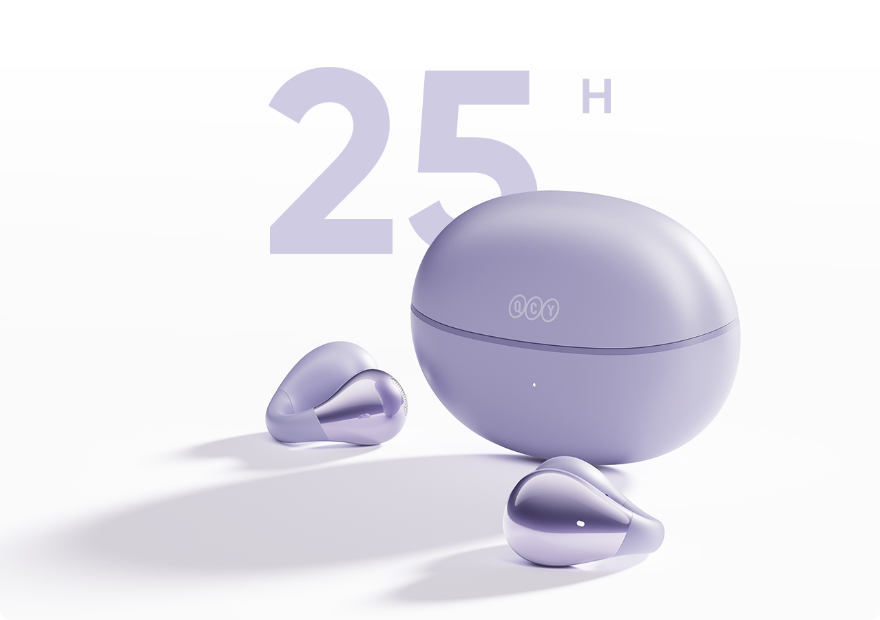 Auriculares QCY Melobuds ANC: 25 horas de duración de batería, diseño morado con estuche de carga.