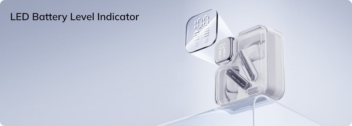 Auriculares Bluetooth transparentes con indicador LED de batería en el estuche de carga.