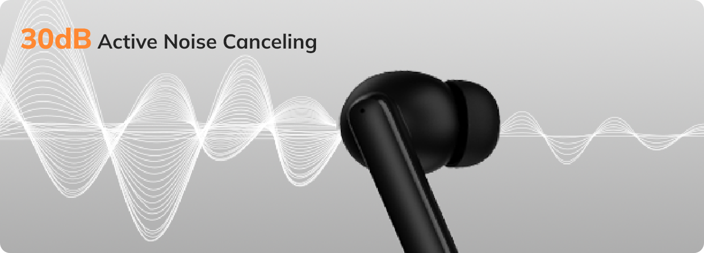 Auriculares intrauditivos negros con cancelación activa de ruido de 30dB sobre un fondo con ondas sonoras.
