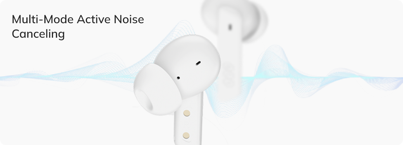 Auriculares inalámbricos blancos con cancelación activa de ruido multi-modo y visualización de ondas.