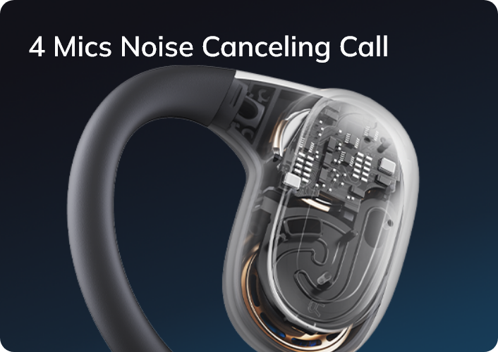 Representación transparente de un auricular con cuatro micrófonos para llamadas con cancelación de ruido.