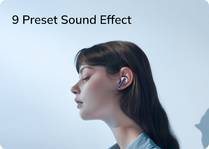 Mujer con auriculares inalámbricos, 9 efectos de sonido preestablecidos