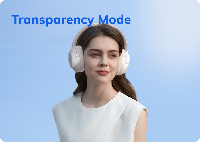 Mujer con auriculares over-ear blancos en modo transparencia sobre fondo azul: diseño moderno para sonidos ambientales claros