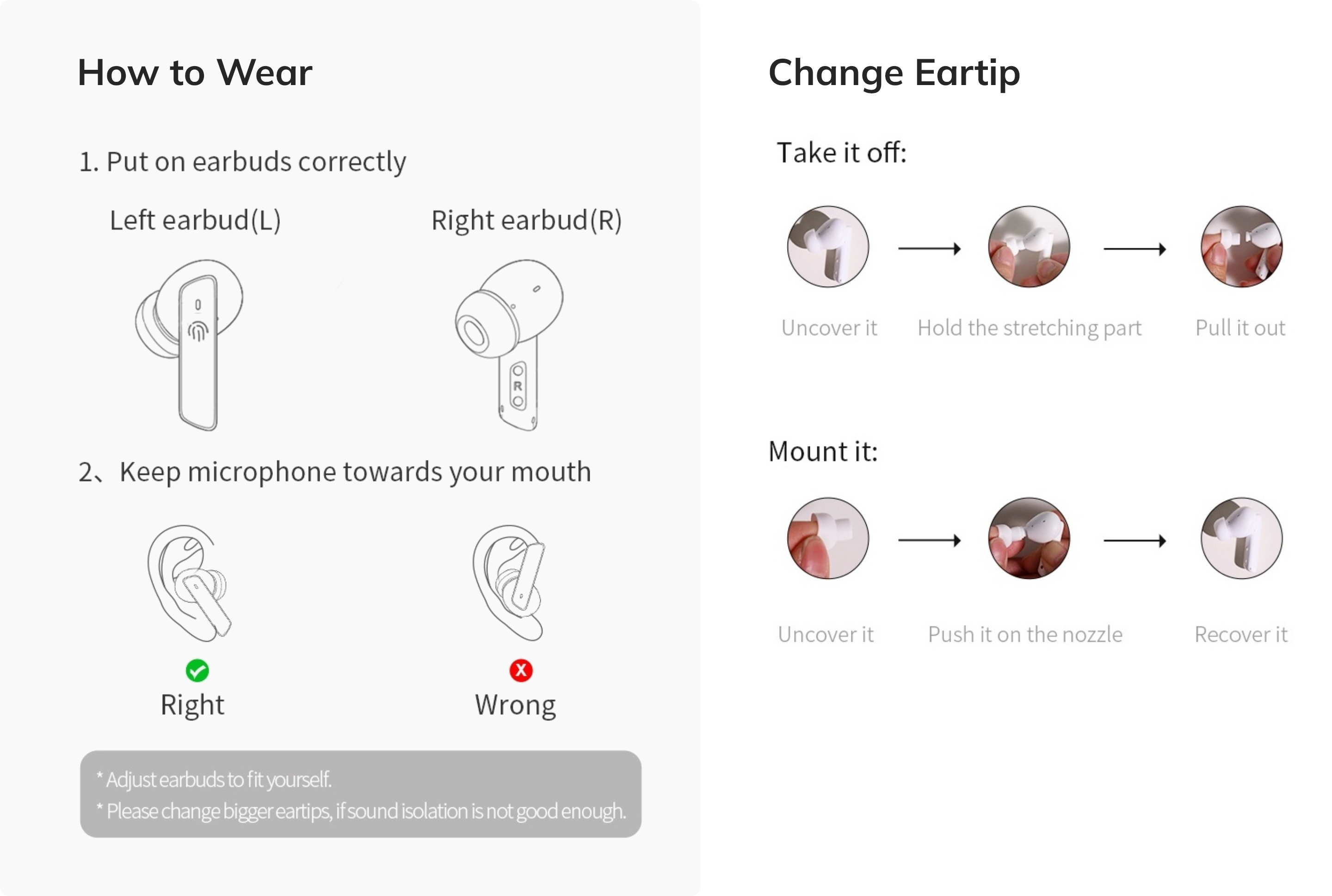 Instrucciones para usar y cambiar los tapones para los oídos de los auriculares inalámbricos: colocación correcta y pasos para el reemplazo.