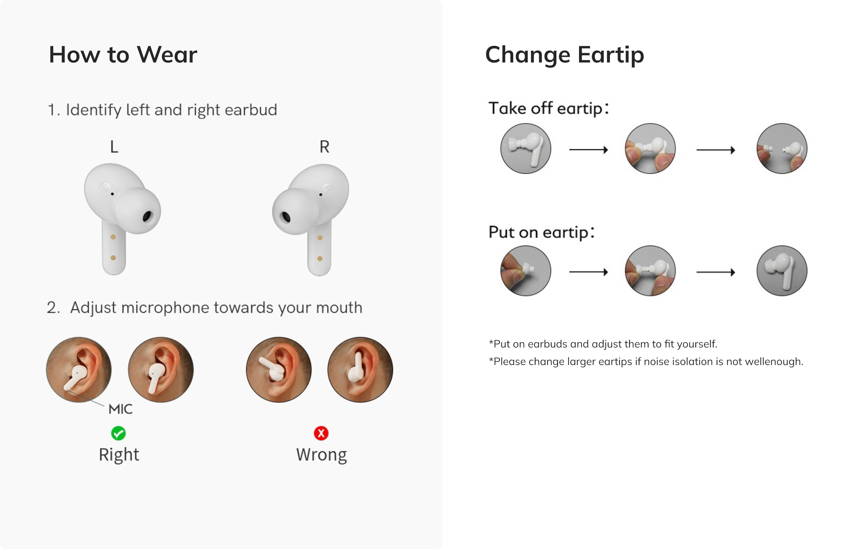 Instrucciones para usar y cambiar los tapones para los oídos de los auriculares inalámbricos: reconocer izquierda/derecha, ajustar el micrófono, tapones para los oídos