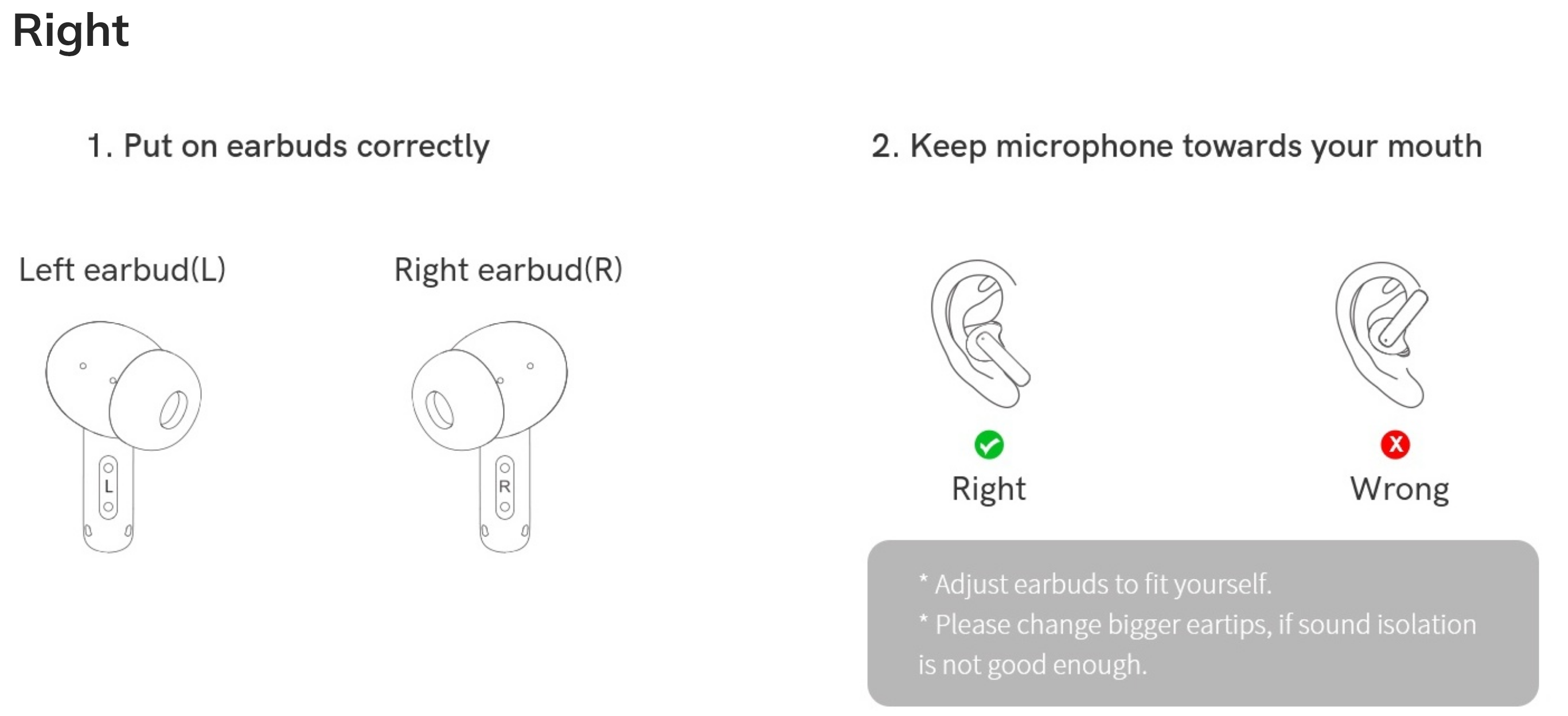 Derecha: Instrucciones para usar correctamente los auriculares con dirección del micrófono.