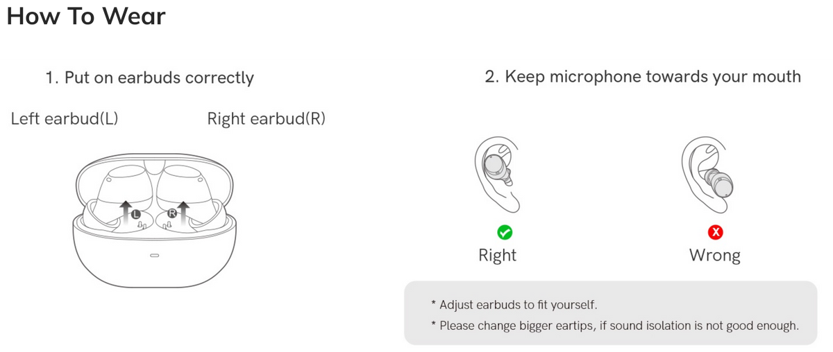 Cómo llevar correctamente los auriculares inalámbricos – con micrófono hacia la boca.