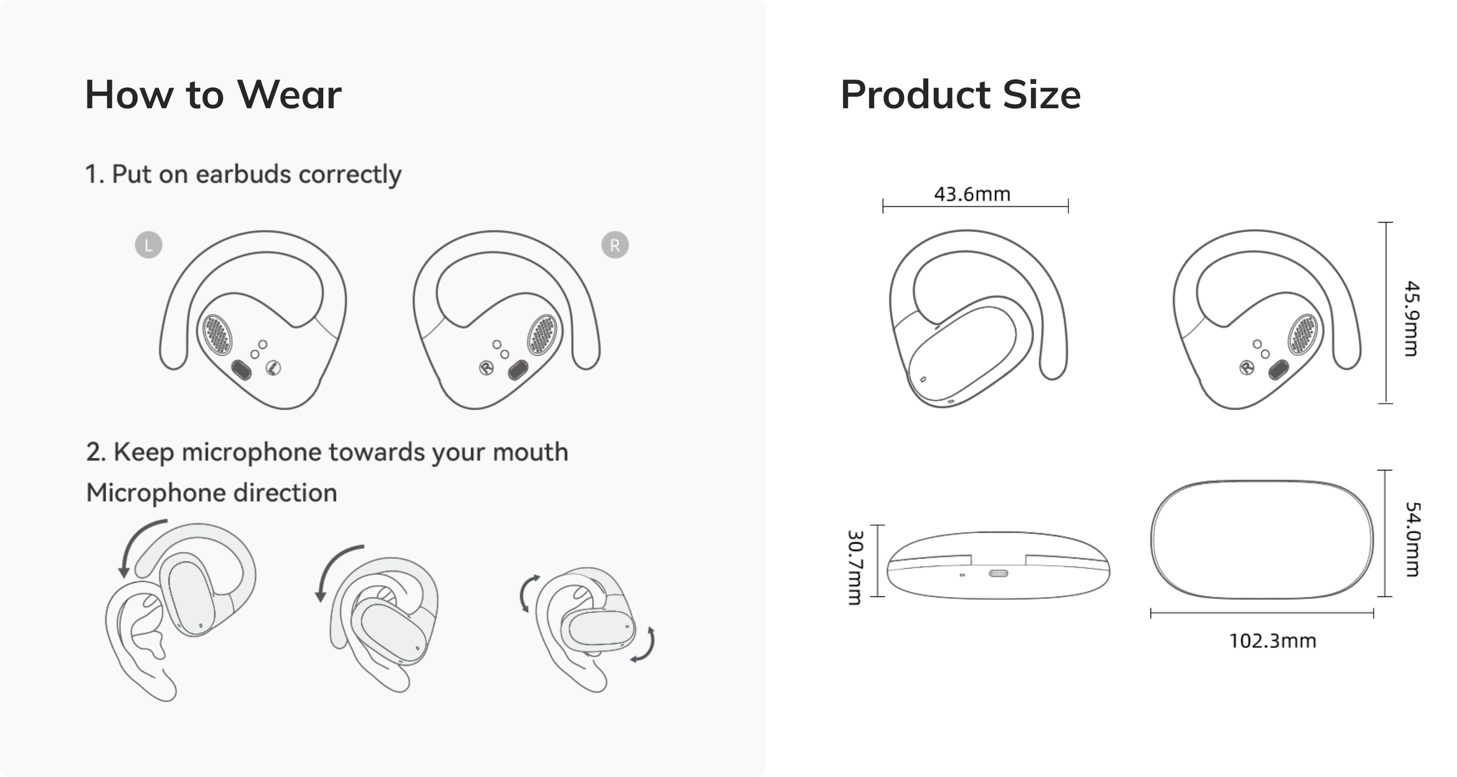 Instrucciones para usar y medidas del producto de los auriculares inalámbricos con dirección del micrófono y dimensiones exactas en mm.
