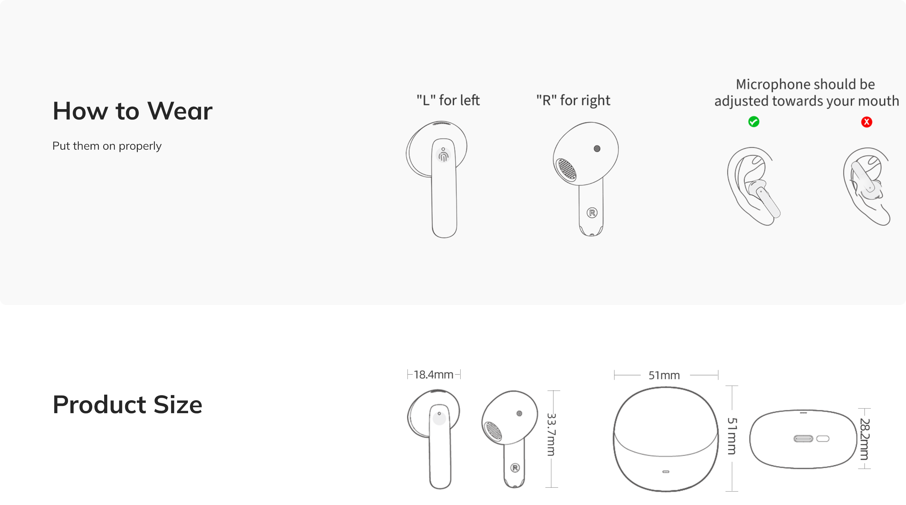 Instrucciones para usar y tamaño del producto de los auriculares inalámbricos con posición del micrófono y medidas.