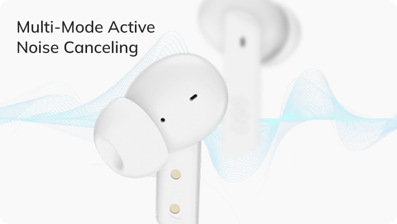 Auriculares inalámbricos blancos con cancelación activa de ruido multi-modo y líneas onduladas azules de fondo.