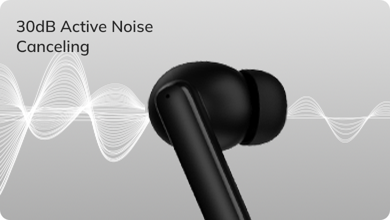 Auriculares intrauditivos negros con cancelación activa de ruido de 30dB, representados mediante un gráfico de ondas sonoras sobre un fondo gris.