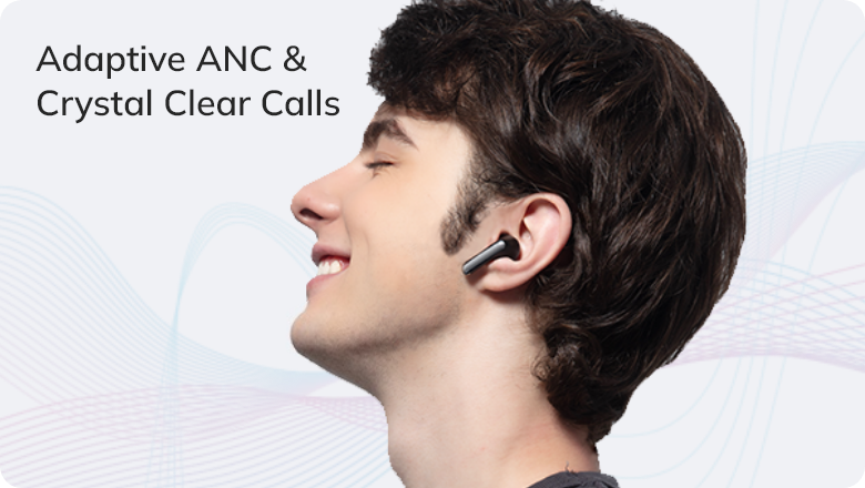 Hombre con auricular inalámbrico, ANC adaptable y llamadas con sonido cristalino.