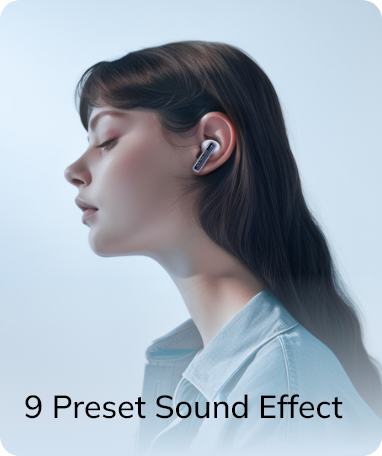 Mujer con auricular inalámbrico, 9 efectos de sonido preestablecidos para una experiencia auditiva óptima.