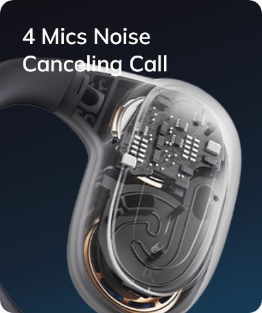 Representación transparente de un auricular con 4 micrófonos para llamadas con cancelación de ruido.