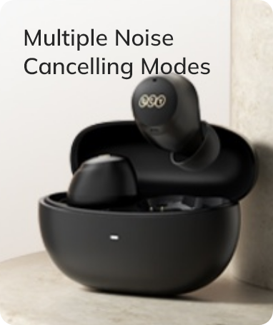 Auriculares inalámbricos negros con varios modos de cancelación de ruido en el estuche de carga.