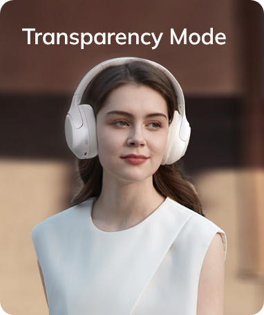 Mujer con auriculares blancos en modo transparencia
