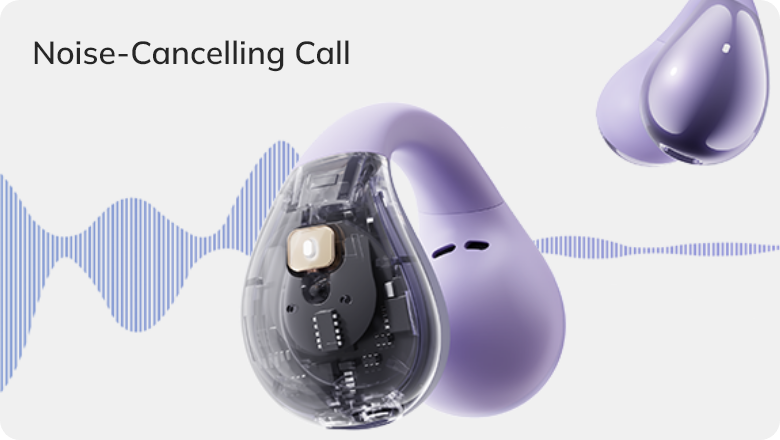 Auriculares morados con cancelación de ruido, tecnología visible y gráfico de ondas sonoras para llamadas claras.