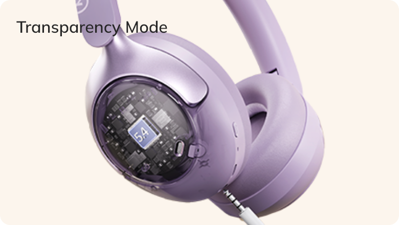 Auriculares lilas con modo de transparencia y interior visible.