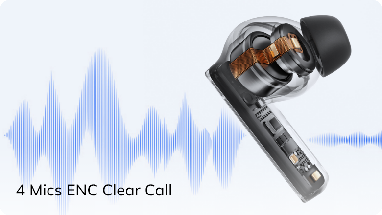 Auriculares intrauditivos transparentes con 4 micrófonos para tecnología ENC y llamadas claras, representados con ondas sonoras.