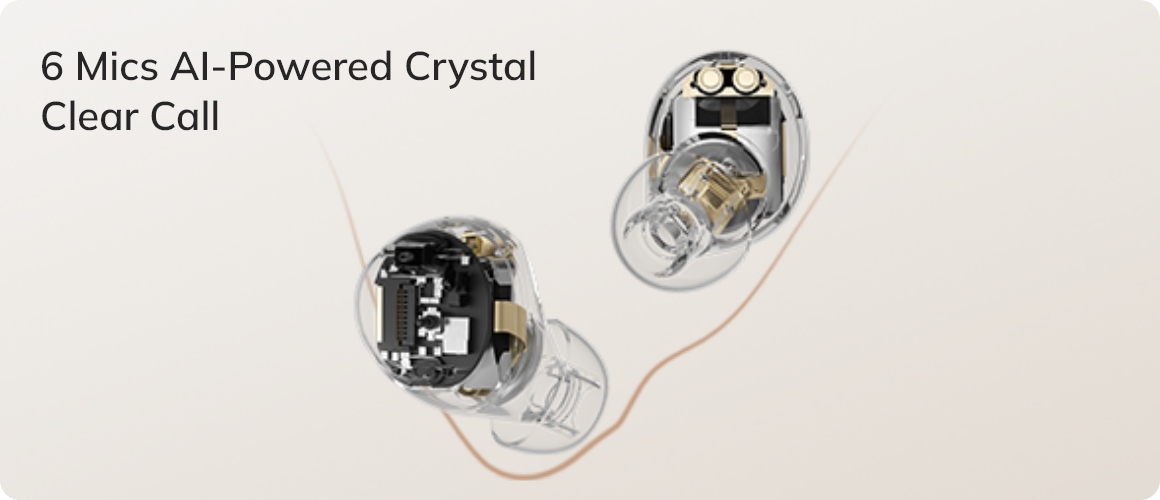 Auriculares intrauditivos transparentes con 6 micrófonos de IA para llamadas cristalinas, vista interior de la tecnología.