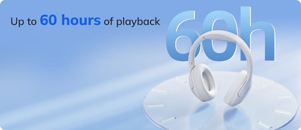 Auriculares blancos con hasta 60 horas de duración de batería sobre fondo azul