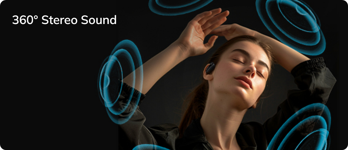 Mujer disfruta de sonido estéreo 360° con auriculares inalámbricos, ondas sonoras azules circundantes visualizan un sonido envolvente.
