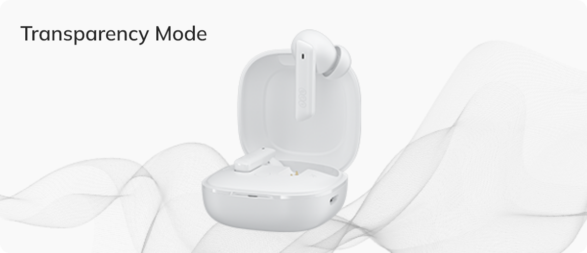 Auriculares True Wireless blancos en estuche de carga con modo de transparencia.