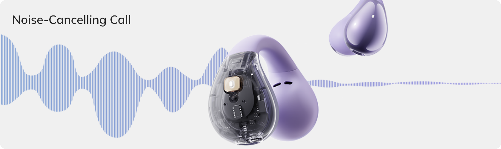 Auriculares Lila con cancelación de ruido y carcasa transparente que muestra la tecnología interna.